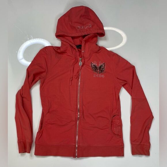BCBG Butterfly Rhinestones Full Zip Hoodie Women Small Salmon Pink Y2K - Picture 6 of 12